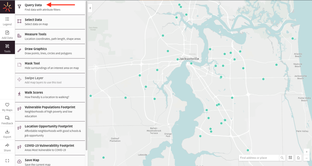 Tool menu opened in Map Room with red arrow pointing to the Query Data tool